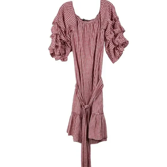 NWOT ZARA Dress M Gingham A-Line Off/On-Shoulder Ruffle Ruch Tiered Tie 3/4-Slev